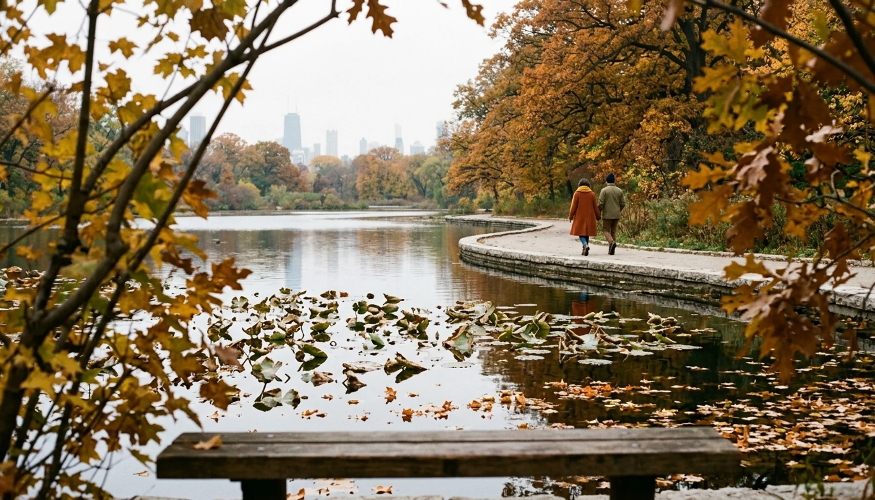 Two visitors in autumn coats beside a quiet lily pond, one of the hidden gems Chicago locals love in Lincoln Park