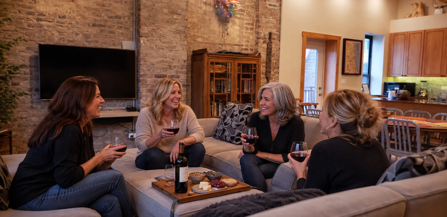 Friends enjoying wine in a modern industrial living room with exposed brick in a Chicago weekend getaway loft